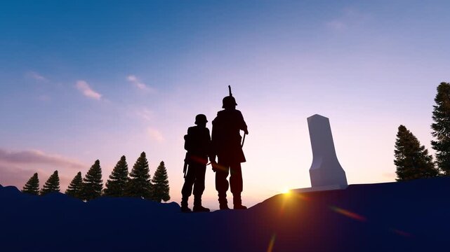 The silhouette of soldiers standing guard in the setting sun(3D software Lumion makes non-AI)

