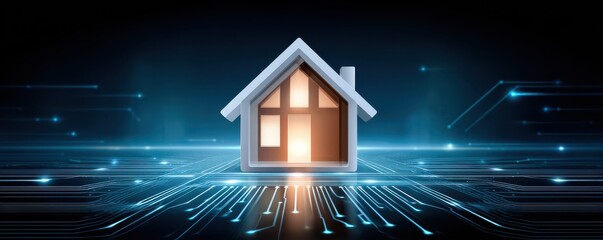 Digital house icon over circuit board background representing smart home technology and connected living