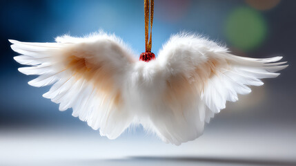 Fototapeta premium A beautiful decorative angel wing ornament hanging gracefully, symbolizing hope and spirituality.