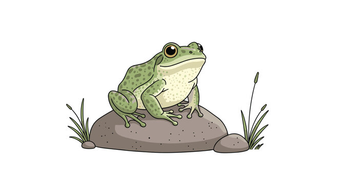 Calm green spotted frog sitting on a grey rock surrounded by grass and plants provides a peaceful wildlife scene.