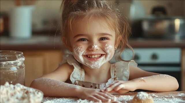 Smiling young girl covered in chocolate from baking.