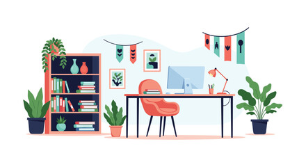 Modern home office workspace featuring a wooden desk, computer, colorful chair, bookshelves, and various indoor potted plants.