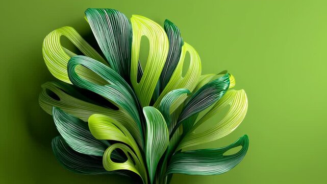 Vibrant green plant with flowing leaves transitions through various angles showcasing intricate textures and patterns in a seamless progression of botanical beauty against a solid backdrop