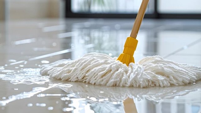 A person is cleaning the floor using a wet mop. Water is on the floor as the mop moves smoothly over the surface. The setting shows a bright room with large windows