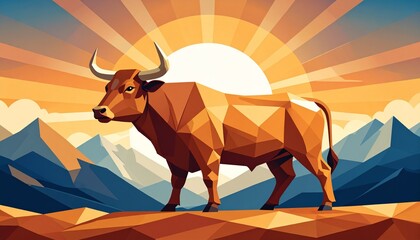 Majestic bull standing on mountain peak at vibrant sunset