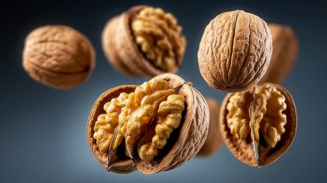 Floating walnuts in various stages of exposure showcasing their rich textures and intricate details as they reveal the golden nutmeat inside, highlighting the natural beauty of this nutritious snack