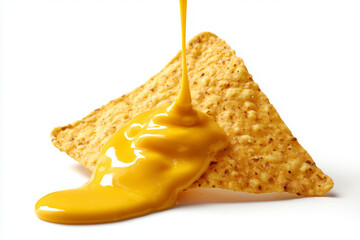 One single nacho chip dipped in cheddar cheese dip sauce dripping isolated against white background.