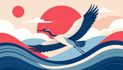 Majestic heron soaring over serene ocean waves at sunset