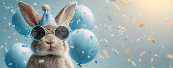Funny bunny wearing sunglasses holding happy birthday balloons and confetti explosion flying around greeting card on blue background with copy space.