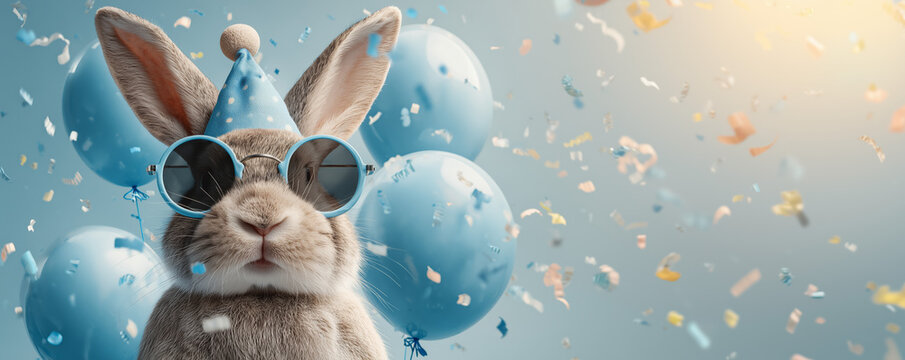 Funny bunny wearing sunglasses holding happy birthday balloons and confetti explosion flying around greeting card on blue background with copy space.