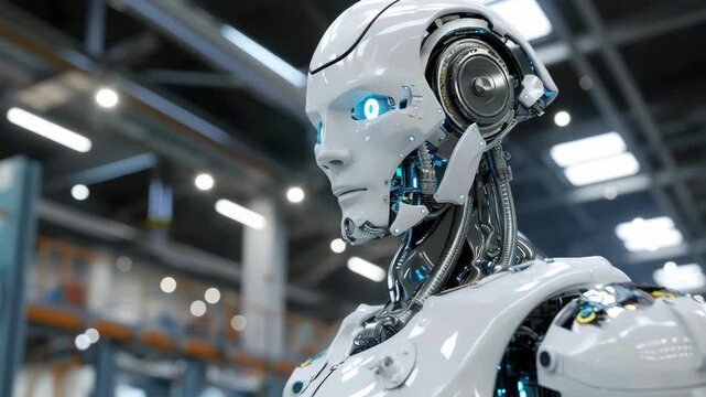 A humanoid robot with advanced technology inside a factory or warehouse.
