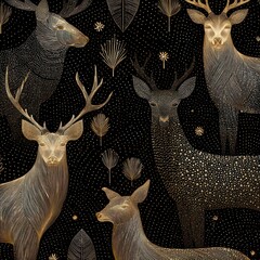 Elegant Deer and Floral Elements in Golden and Black Design