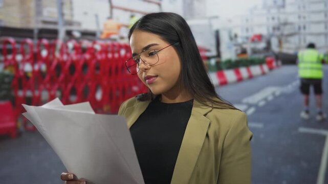 Young woman at construction site reading documents surrounded by urban environment showcasing progress and determination.