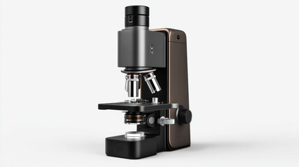 Fototapeta premium Modern laboratory microscope with metallic bronze and dark gray finish on a white background. A sleek, contemporary microscope designed for scientific research and educational purposes.