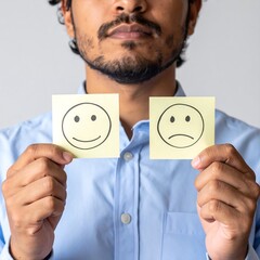 Person holding happy & sad face sketches on yellow notes, wearing blue shirt against a gray background