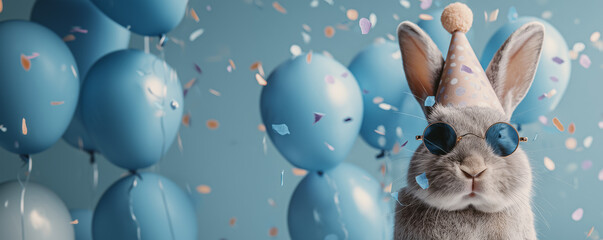 Funny bunny wearing sunglasses holding happy birthday balloons and confetti explosion flying around greeting card on blue background with copy space.