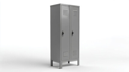 Classic gray metal double locker unit with ventilation slots and handles on white background. A modern gray metal locker unit featuring two vertical compartments.