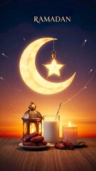 Evocative Ramadan evening setting featuring a radiant crescent moon and a decorative star, accompanied by traditional dates, refreshing milk, and a glowing lantern on a rustic wooden table