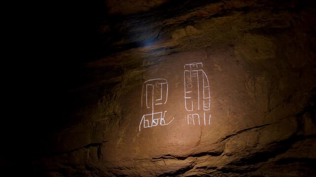 Drone spotlight scanning a pitch-dark canyon at night, revealing glowing ancient petroglyphs, 4K loop