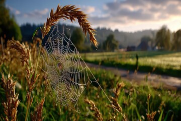 Spiderweb covered in dew with transparent background on a summer day