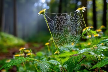 Spiderweb with Dew on a transparent background in Forest.  Early light.