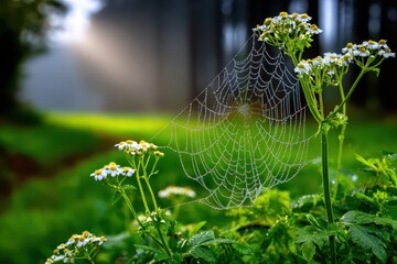 Dewy Spiderweb in Nature with a transparent background on Chamomile