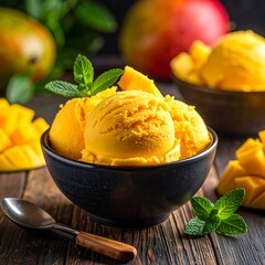 Mango ice cream scoops in a black bowl, on a wooden surface, garnished with mint