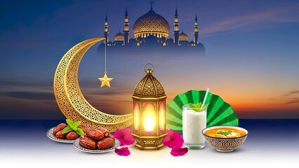 Illustration celebrating Islamic culture and spiritual devotion, featuring crescent moon, mosque, lantern, and iftar elements at twilight