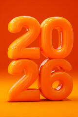 Modern design stacked Happy New Year 2026 text title celebration greeting card invitation concept against vibrant orange background.