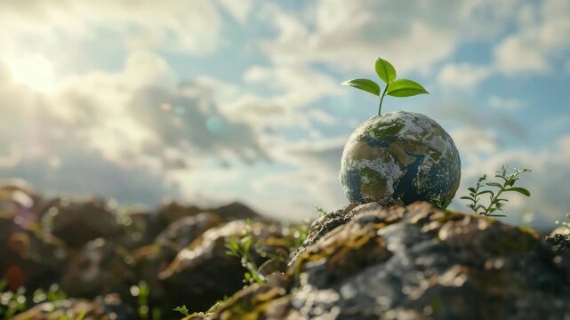 A single sprout grows from the rock in a surreal landscape.
