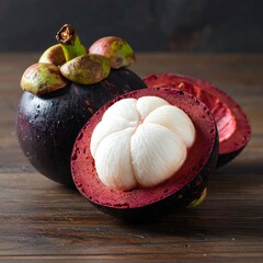 Mangosteens, one cut open exposing its white flesh and thick dark purple rind, sit on a wood surface