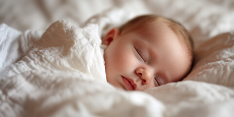 Close up portrait of adorable happy baby sleeping in white bedding bed. 
