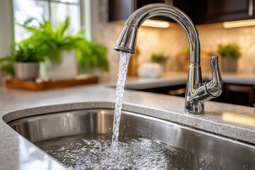 Kitchen faucet filling sink with water on transparent background view.