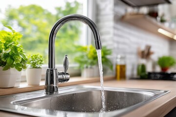Modern kitchen sink with water and a transparent background setting.
