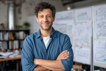 Confident professional, arms crossed, with transparent background image.