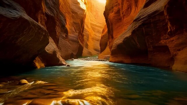 Firefly &ldquo;Drone sliding over a canyon river where light reflections create liquid-gold patterns on th