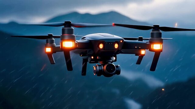 Drone stabilizing violently in heavy crosswinds above mountains, flickering lights and propeller blur, 4K loop