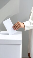 Person places a white ballot in a matching white ballot box in a brightly lit, minimalist, and modern setting