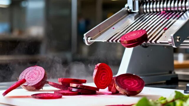 Dynamic medium shot capturing vibrant beet slices falling gracefully from the sharp blades of a mechanical slicer during cossette preparation.