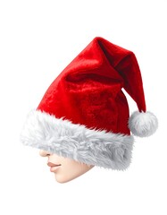 Mannequin wearing red Santa hat with white brim and pompom, isolated on white