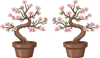 Obraz premium Elegant vector illustration of twin Japanese cherry blossom bonsai trees with pink flowers in brown pots isolated on white background for Zen decor.
