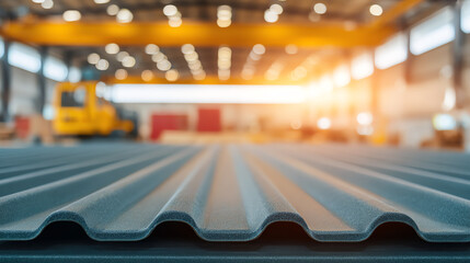 A close-up view of corrugated metal sheets in a modern warehouse filled with machinery and warm light.