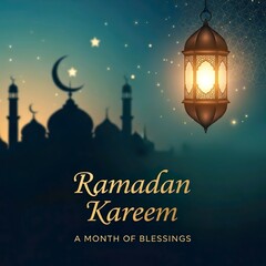 Celebrate the blessed month with this stunning Ramadan Kareem greeting, featuring a serene mosque, illuminated lantern, and crescent moon under a starry sky