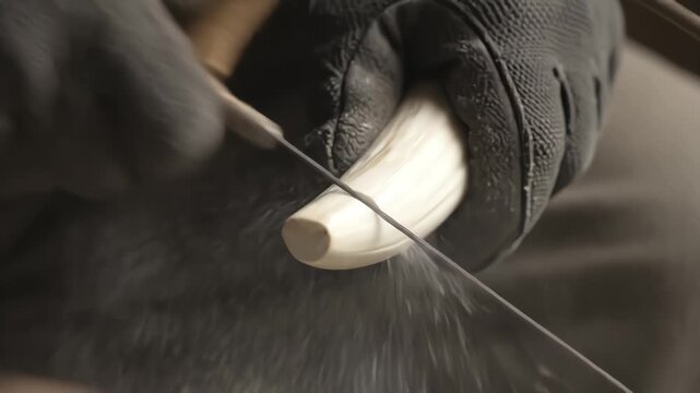 A close-up shot of a craftsman in a black glove using a wire saw to cut a piece of polished bone, creating fine white dust