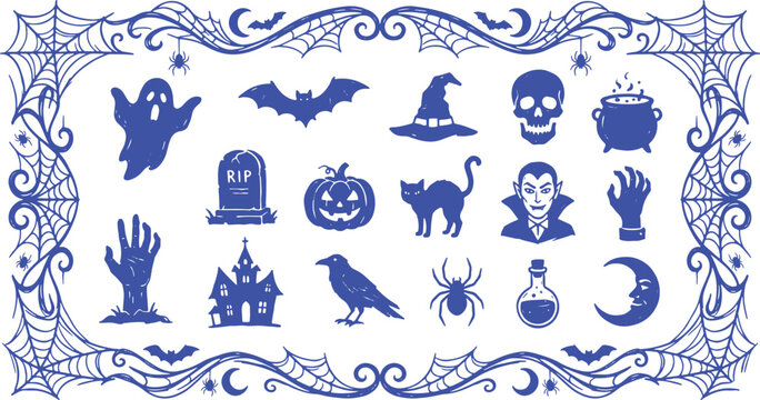 Vintage Style Halloween Silhouettes with Spiderweb Frame - witch, skull, cauldron, vampire