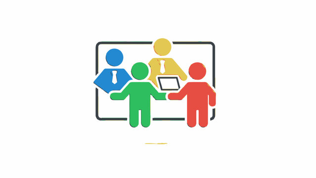 Colorful Business Meeting Icon with Four Figures and Tablet.