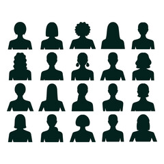 Set of diverse female avatars in silhouette with various hairstyles representing different women personifying diversity and individuality in digital graphics