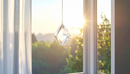 春の自然光が差し込む窓辺に、透明なクリスタルサンキャッチャーが静かに吊るされたミニマルな室内風景です。
淡いニュートラルカラーの空間に、繊細なプリズム光が壁や床にやさしく映ります。
装飾を抑えたクリーンな構成で、落ち着きと余白を感じさせます。
季節感のあるライフスタイル、インテリア、広告背景として幅広く使用できます