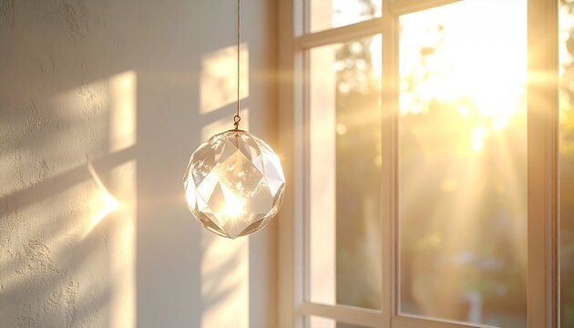 春の自然光が差し込む窓辺に、透明なクリスタルサンキャッチャーが静かに吊るされたミニマルな室内風景です。
淡いニュートラルカラーの空間に、繊細なプリズム光が壁や床にやさしく映ります。
装飾を抑えたクリーンな構成で、落ち着きと余白を感じさせます。
季節感のあるライフスタイル、インテリア、広告背景として幅広く使用できます