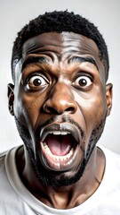 Man's exaggerated expression, eyes wide and mouth agape. High contrast portrait showcasing textured skin and curly black hair